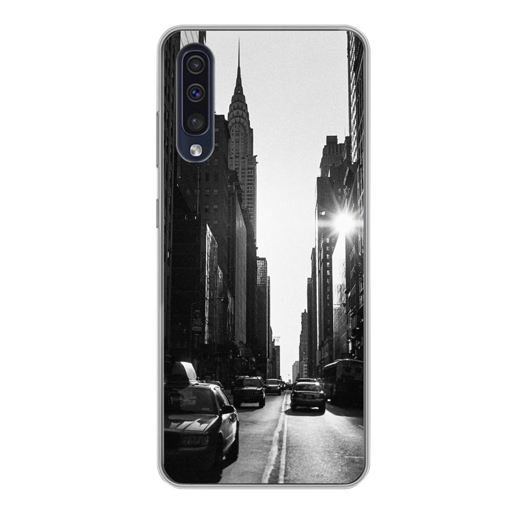 MuchoWow Handyhülle Schutzhülle Hülle für Samsung Galaxy A50 Eine ruhige Straße in New York in Schwarz und Weiß Silikon Softcase Handy Hül...