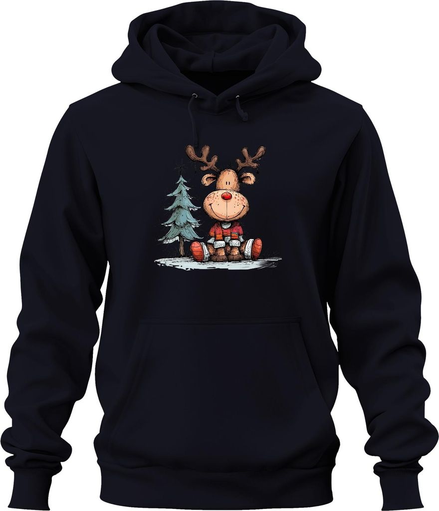 Lustiges Rentier mit roter Nase Weihnachtsbaum Geschenk Winter Uni Hoodie Kapuzenpullover, Navy, 3XL