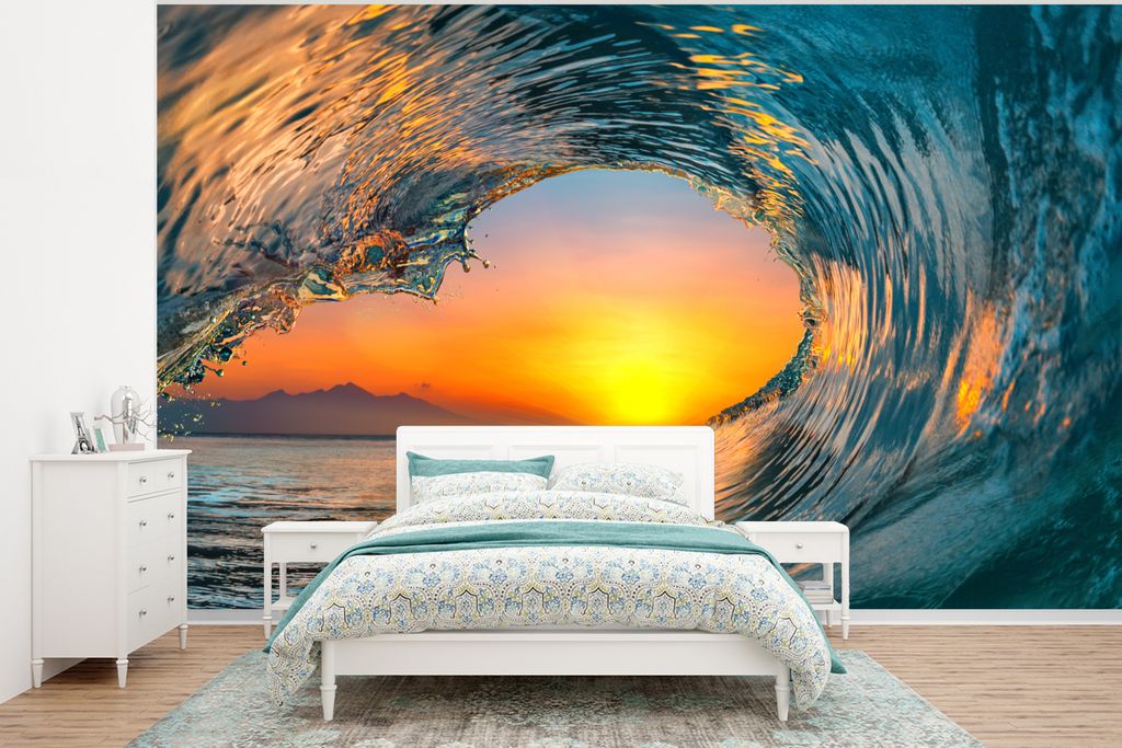 MuchoWow Fototapete für Wohnzimmer oder Schlafzimmer Wandtapete Vinyl Motivtapete Sonnenuntergang - Wasser - Welle - Orange - 400x300 cm - Papie...