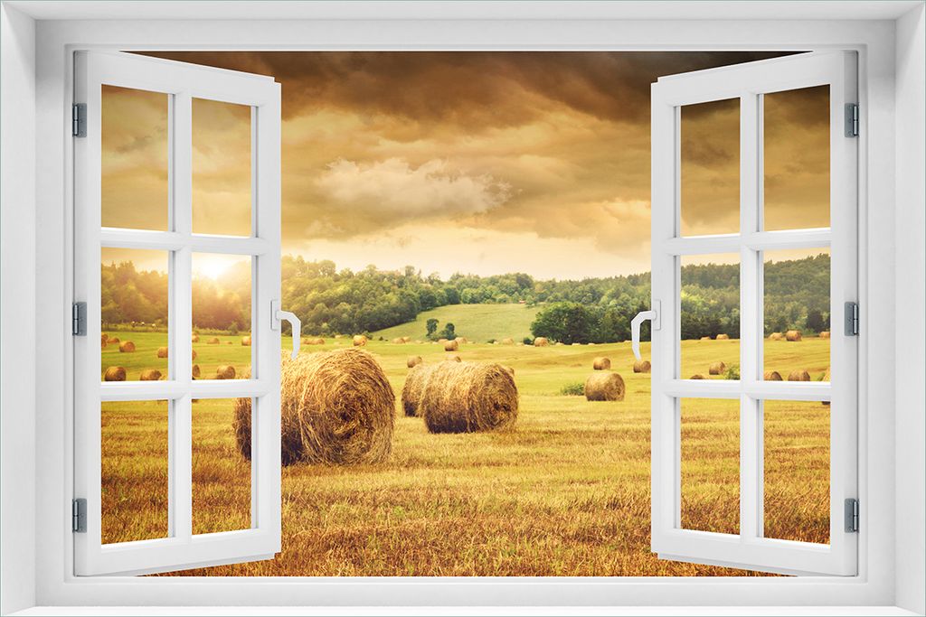 Wallario Poster mit Fenster-Illusion: Strohballen auf dem Feld bei Sonnenuntergang, Größe: 61 x 91,5 cm (Maxiposter)