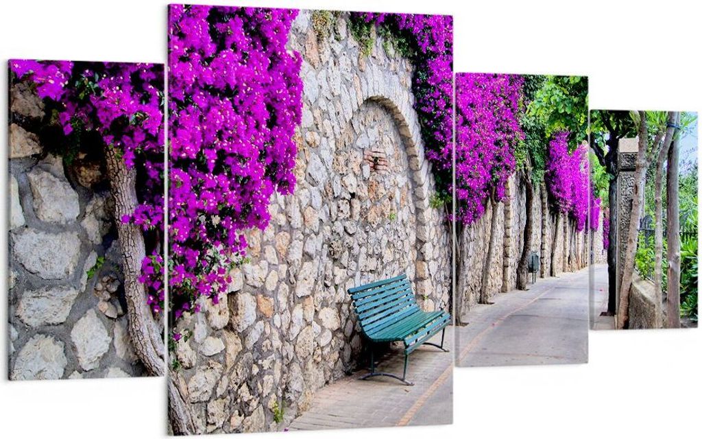 Bild auf Leinwand - Leinwandbild - Pflanzen Bank Straße Sommer - 160x90cm - Wand Bild - Wanddeko - Leinwanddruck - Bilder - Kunstdruck - Wanddekor...