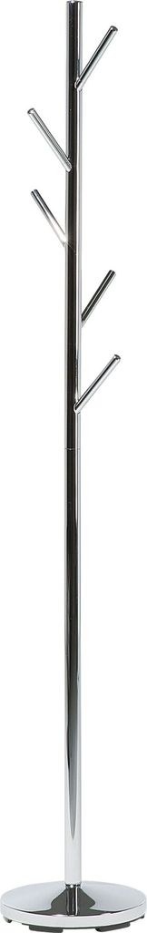 A chrome-plated coat rack with a circular base and multiple arms for hanging items.
