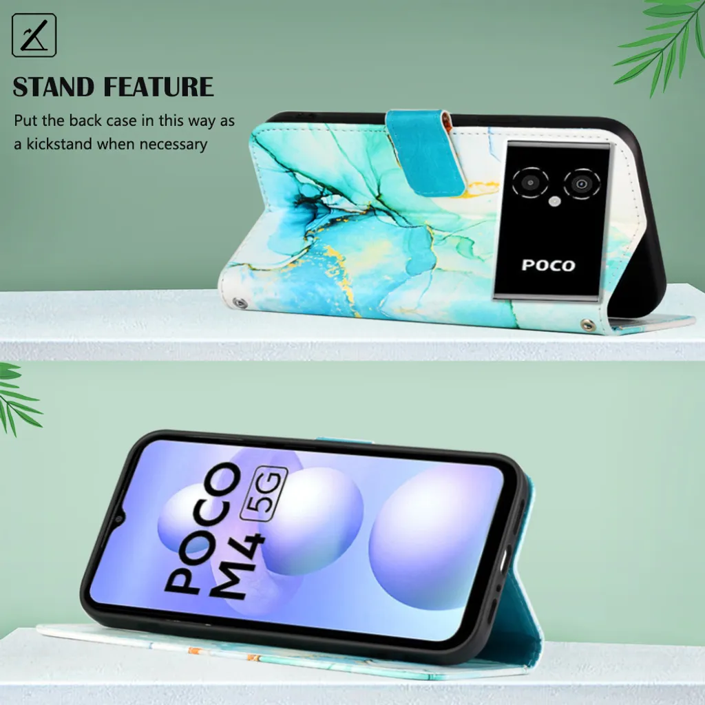Custodia Portafoglio SEAHAI Per Xiaomi Poco M5 / M4 5G – Design Foglie E Gatto In Rilievo, Verde - 2