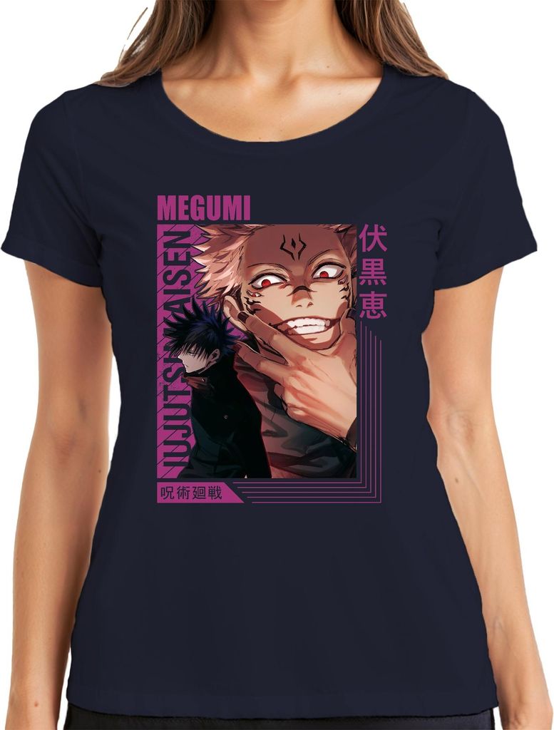 Jujutsu Kaisen Sukuna Megumi Anime Ästhetik Fluch düster Geschenk Damen T-Shirt, Navy, M