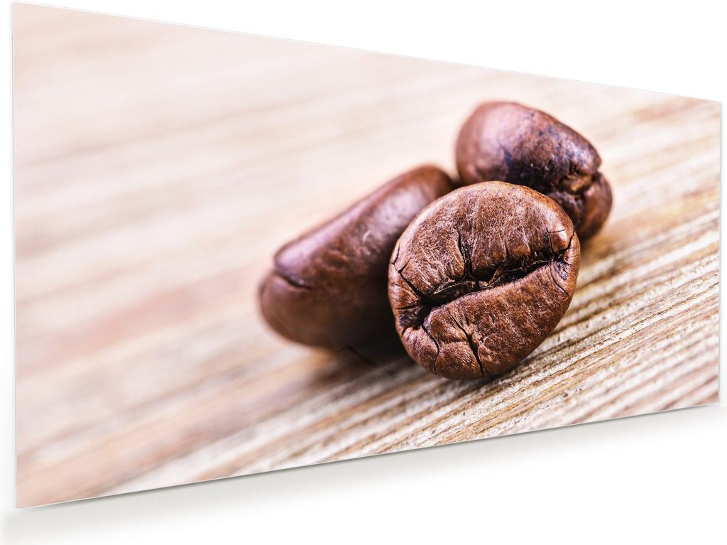 Glasbild Wandbild Kaffeebohnen auf Holztisch 80x40cm in XXL für Wohnzimmer, Schlafzimmer, Badezimmer, Flur