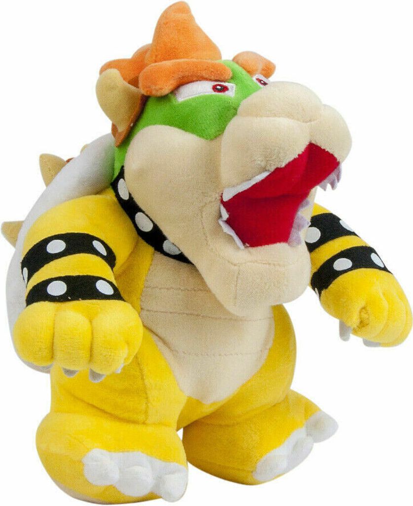 A plush toy of Bowser from Super Mario Bros. is shown against a white background.