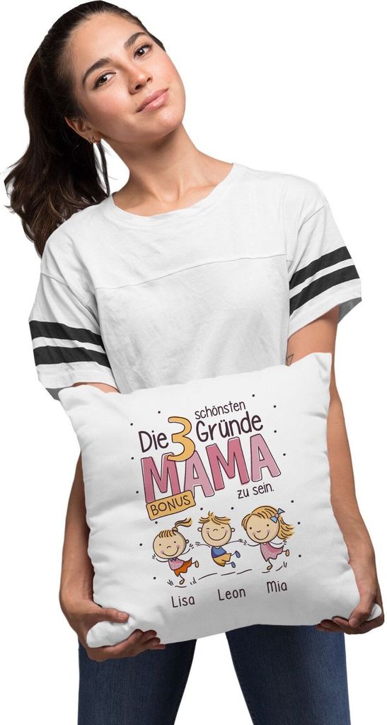 Kissen-Bezug Die schönsten Gründe Mama zu sein personalisiert mit Namen 1,2,3,4 Kinder Muttertag Geschenk SpecialMe Bonus Mama weiß 40cm x 40cm