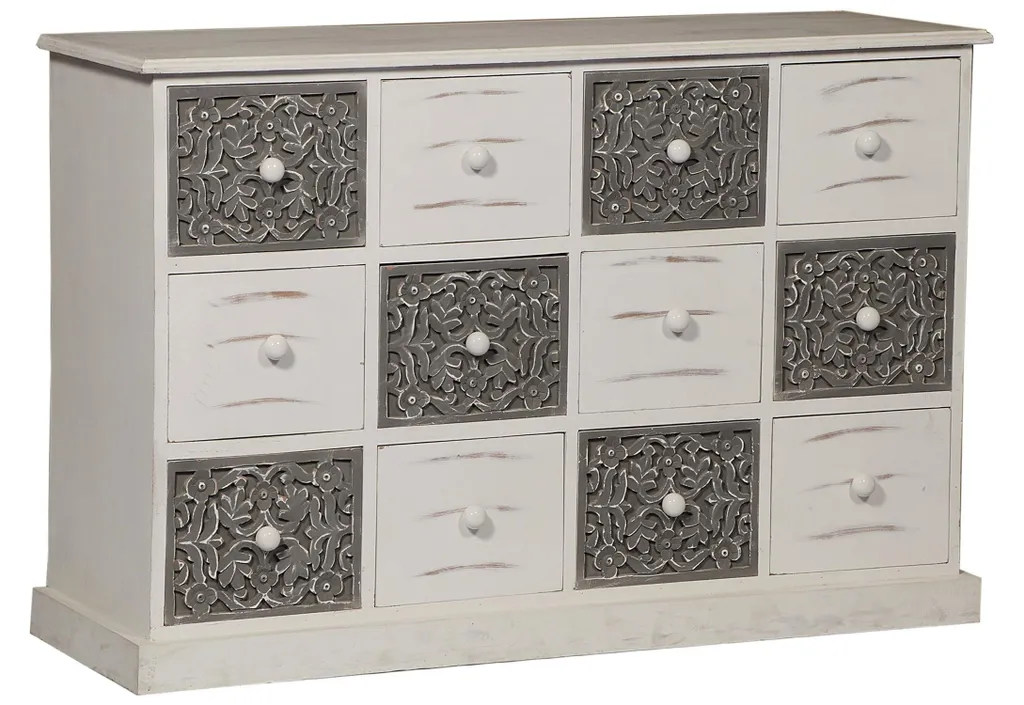 Buffet Semainier 12 Tiroirs en Bois Changmay Coloris Gris et Blanc