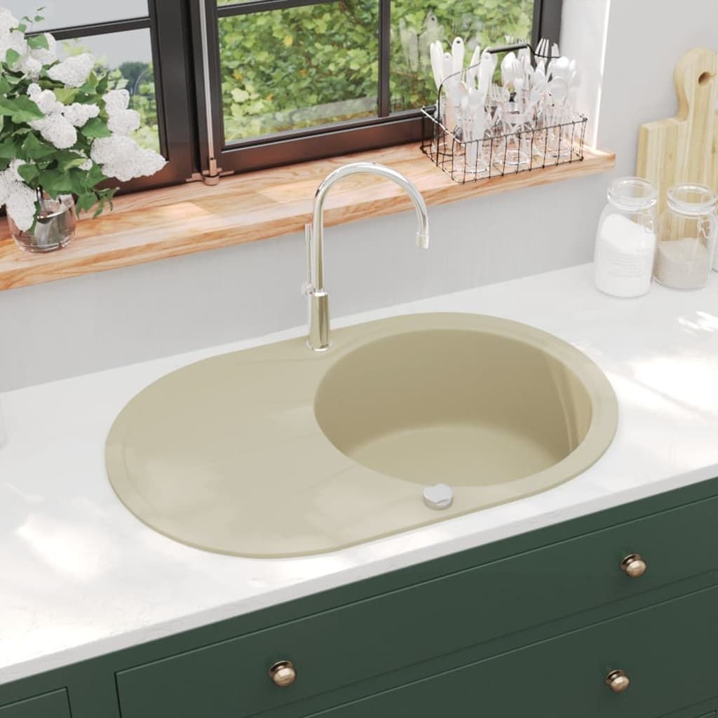 The Living Store Granitspüle Einzelbecken Oval Beige