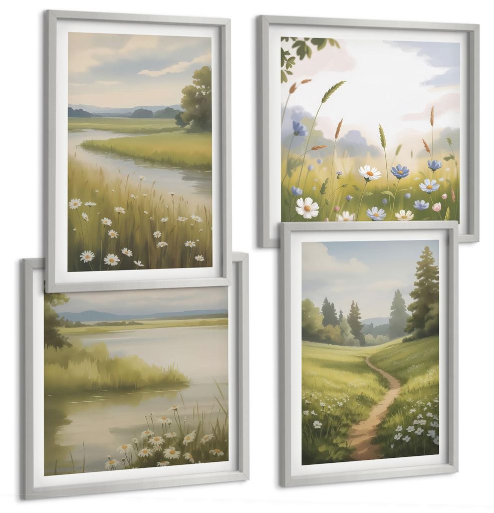 Bilder Set 4-teilig im silbergerahmten Rahmen – Wandbilder 4 Stück – gerahmte Poster für Wohnzimmer, Schlafzimmer und Flur – 50x50 cm - 40x...