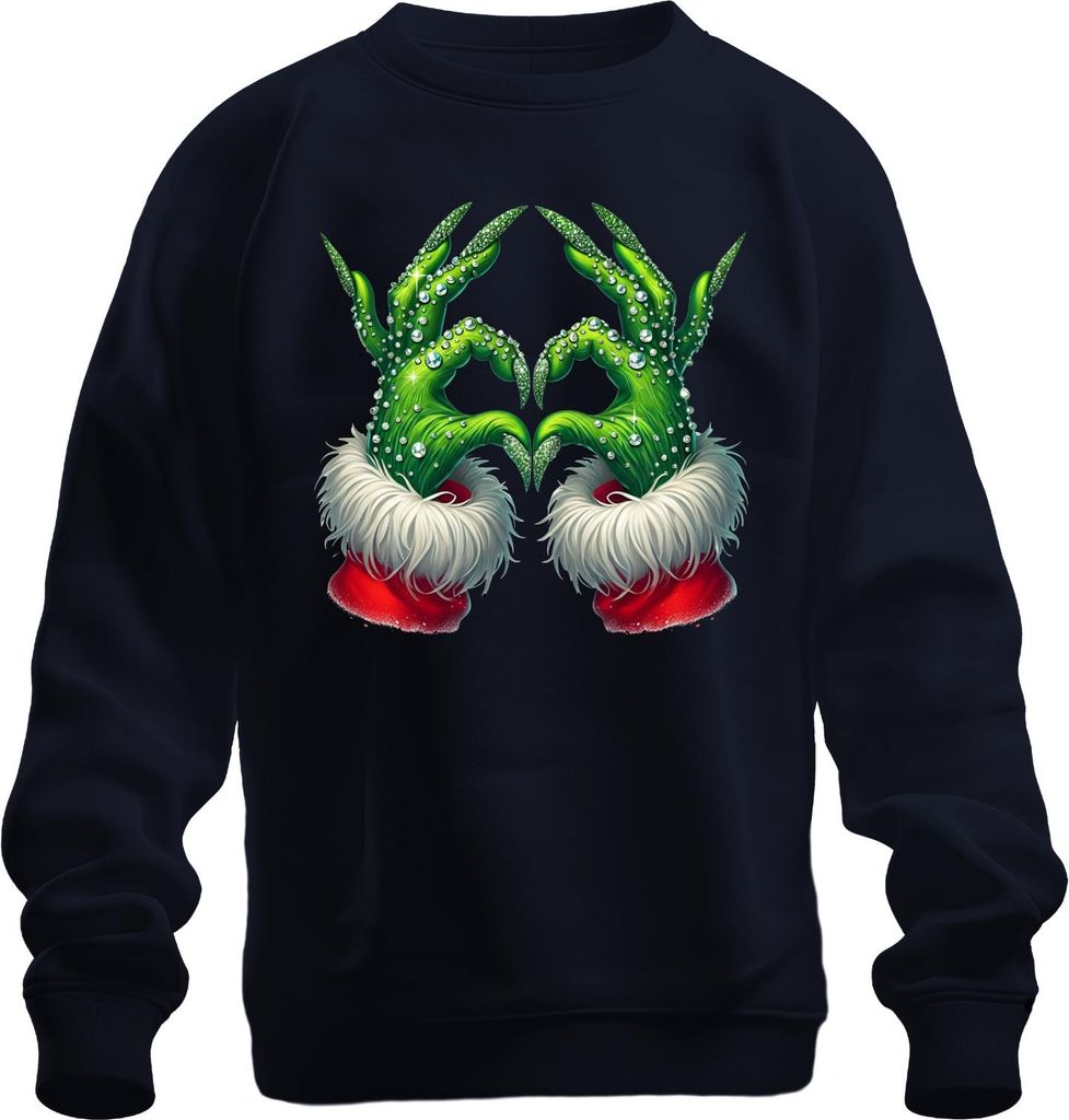 Grinch Hände Herz Weihnachten lustig Geschenk Glitzer Uni Sweatshirt Pullover, Navy, M