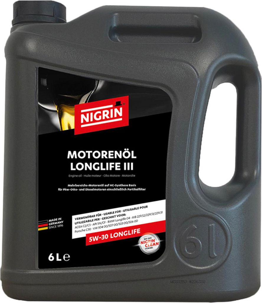 A product shot of a 6-liter container of NIGRIN Motorenöl 5W-30 LongLife III engine oil.