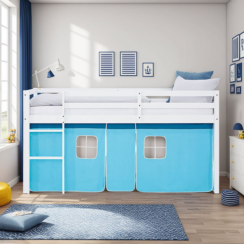 Homestyle4u podkrovná posteľ 90x200 záclona modrá detská Obrázok produktu 