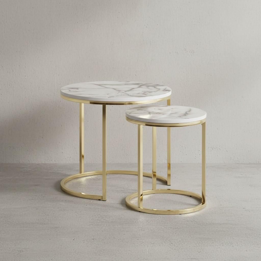 Design Beistelltisch 2er Set Weiß Marmor Optik Rund, Couchtisch 2 teilig Tischgestell Metall Gold, Kleine Wohnzimmertische, Moderne Satztische