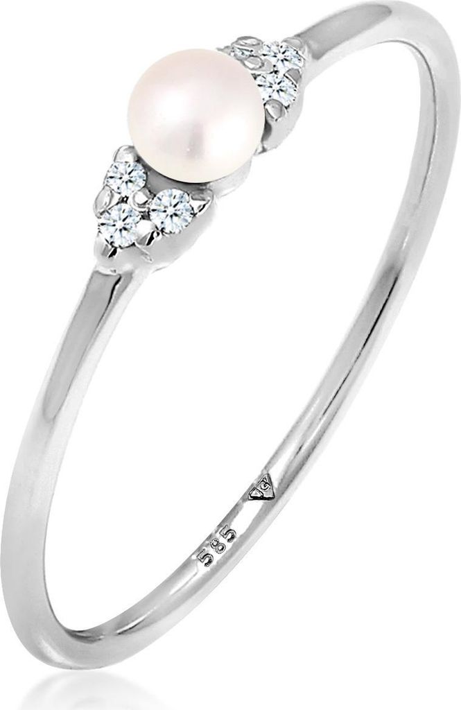 Damen Ring aus rhodiniertem 585er Weißgold mit Süßwasserperle und sechs Diamanten (0,03 ct)