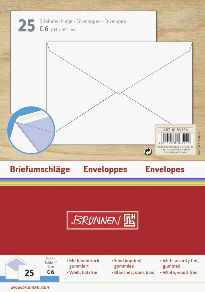 Enveloppe C6 Blanche Gommée BRUNNEN 1053536 Papier Premium Lot de 25