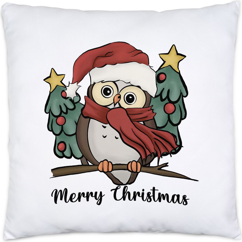 Merry Christmas Kissen Inkl Füllung Geschenkidee Eule-Fans Süßes Motiv für Weihnachten für Familie Freunde