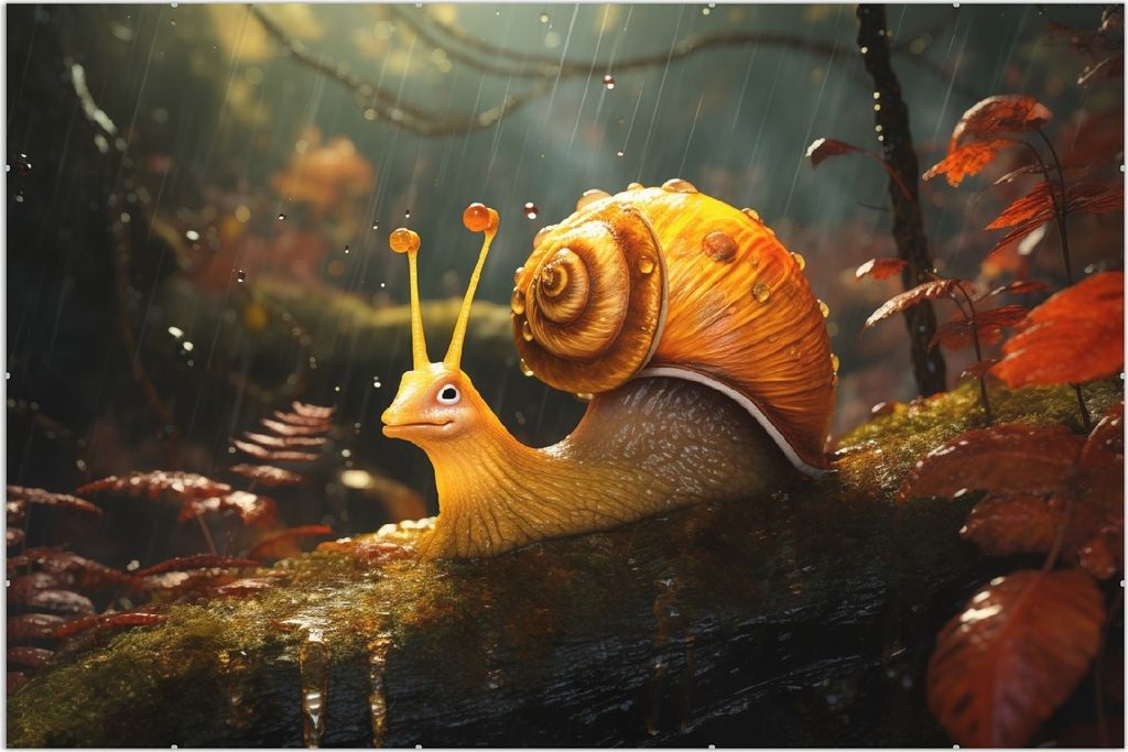 Wallario Wandbild Schnecke auf Ast, Größe: 61 x 91,5 cm, Poster mit rahmenlosen Bildhalter