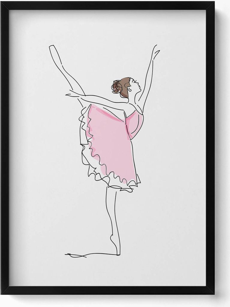 Strichzeichnung einer Ballerina beim Tanzen– Wandbild mit Rahmen – Gerahmtes Bild – Wanddekoration – 50x70 cm – Schwarz Rahmen