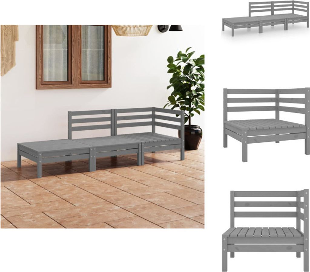 vidaXL 3-tlg. Garten-Lounge-Set Grau Massivholz Kiefer - Gartenmöbel-Sets