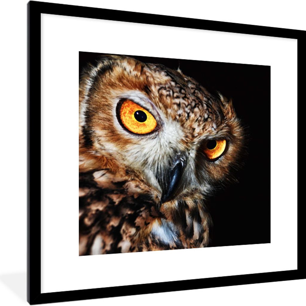 MuchoWow Gerahmtes Poster Eule - Schwarz - Gelb 40x40 cm - Poster mit Schwarzem Bilderrahmen Wandposter Rahmen Foto Bilder - Poster - Plakat im R...