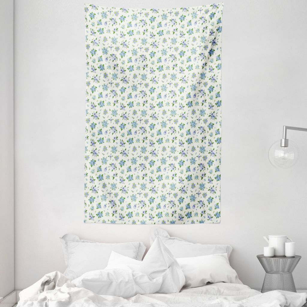 ABAKUHAUS Elfenbein und Blau Wandteppich und Tagesdecke, Stiefmütterchen Endymion aus Weiches Mikrofaser Stoff Waschbar ohne Verblassen Digitaldru...