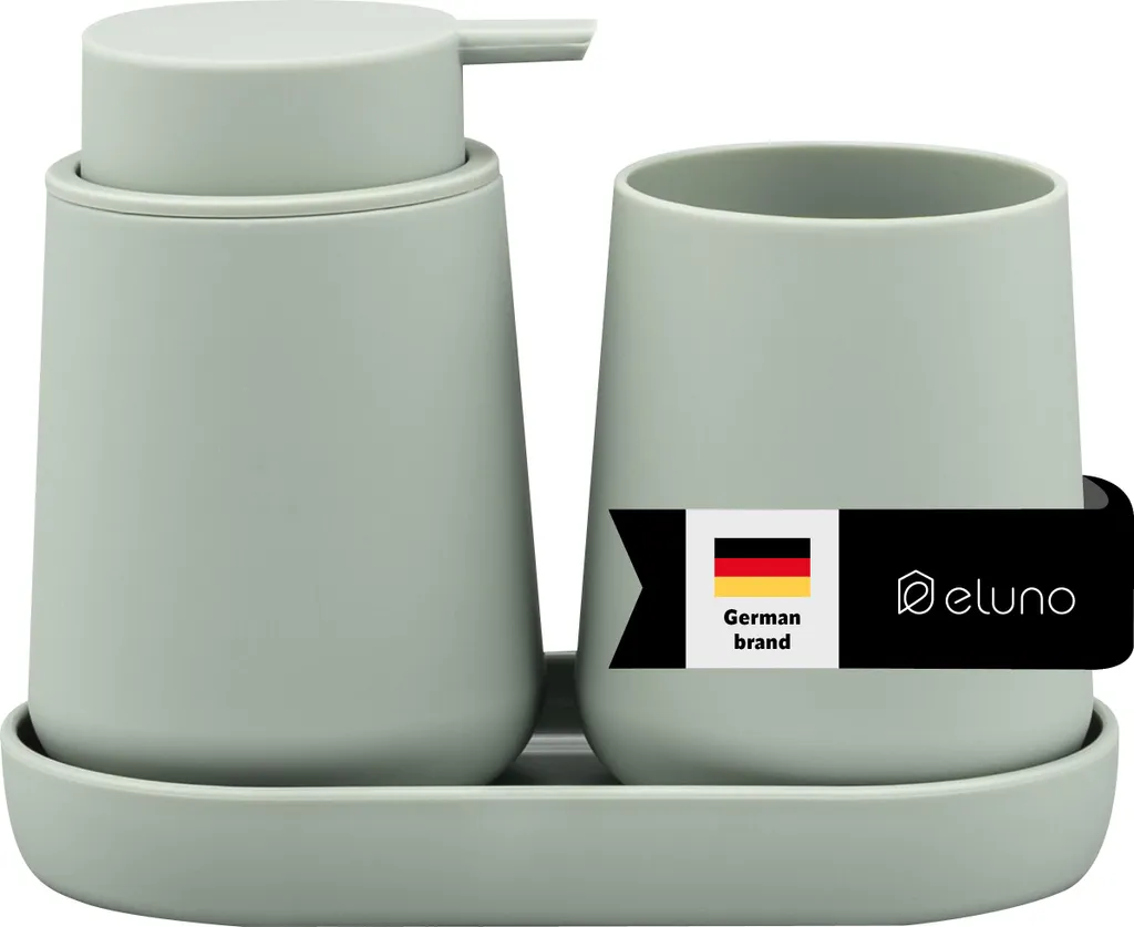 eluno set di accessori da bagno TESERO 3 pezzi composto da 1x dispenser di sapone, 1x tumbler, 1x ciotola, in plastica color salvia