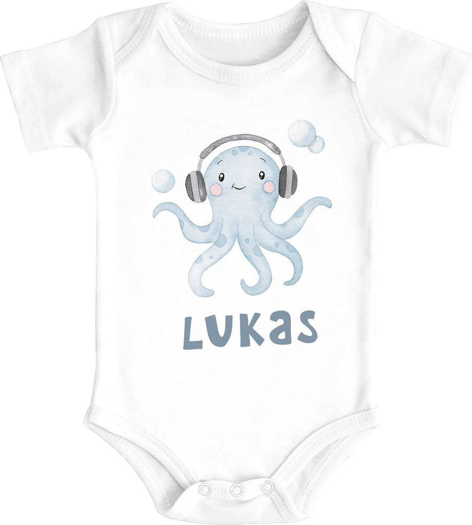 Baby Body mit Namen bedrucken lassen Octopus Unterwasser Tiermotiv Tintenfisch kurzarm Baumwolle SpecialMe weiß 3-6 Monate