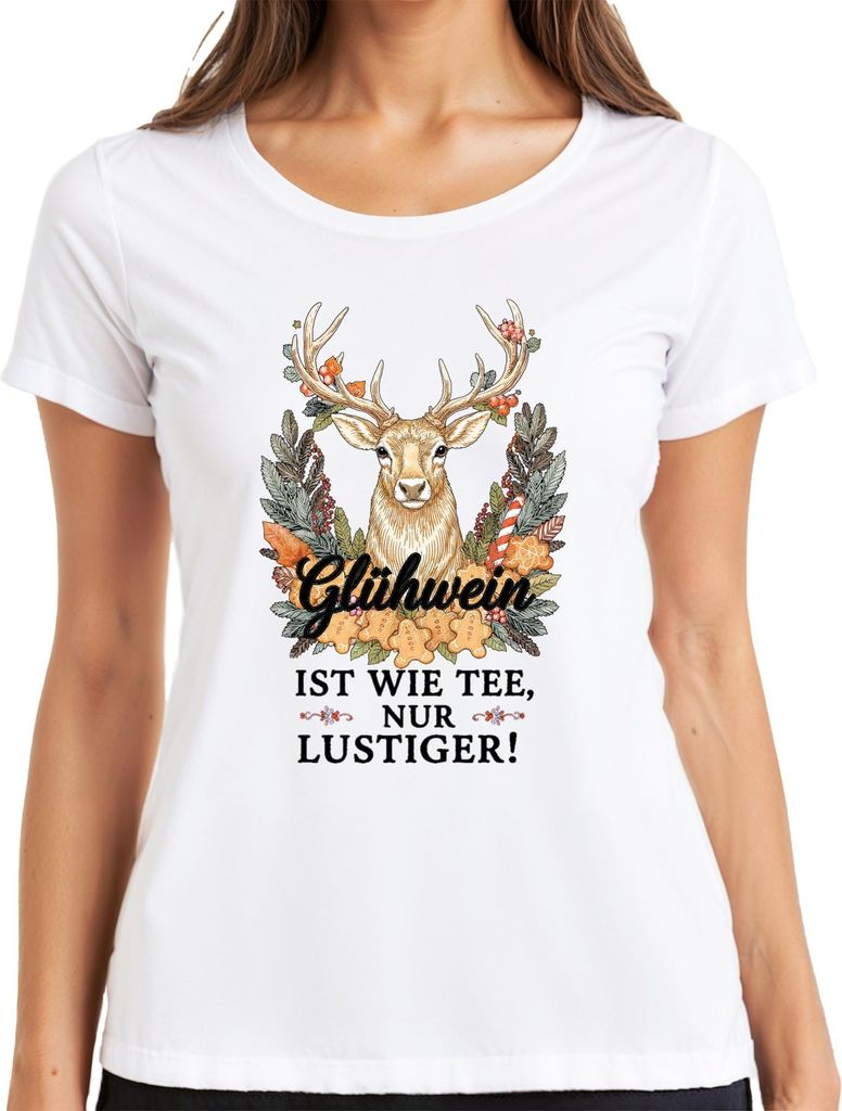 Glühwein ist wie Tee nur viel lustiger Weihnachten Retro Hirsch Damen T-Shirt, Weiß, L
