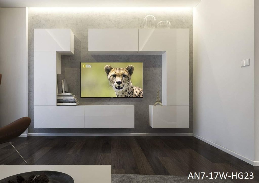 Furnitech Colmar Modernes Wohnzimmer Wohnwände Wohnschränke Schrankwand Schwarz Weiß Hochglänzend AN 7 (LED weiß, AN7-17W-HG23 1A)