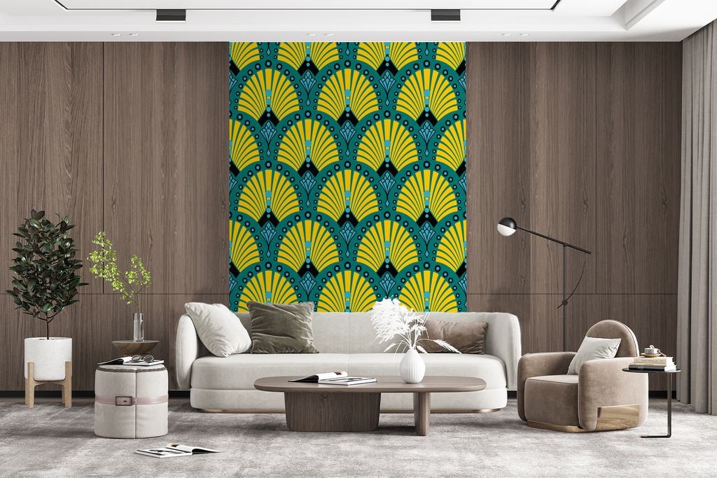 MuchoWow Fototapete für Wohnzimmer oder Schlafzimmer Wandtapete Vinyl Motivtapete Art Deco - Muster - Blau - Gelb - 170x260 cm - Wohnzimmertapete