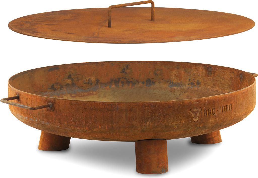 A rusty fire pit with a lid, shown on a white background.