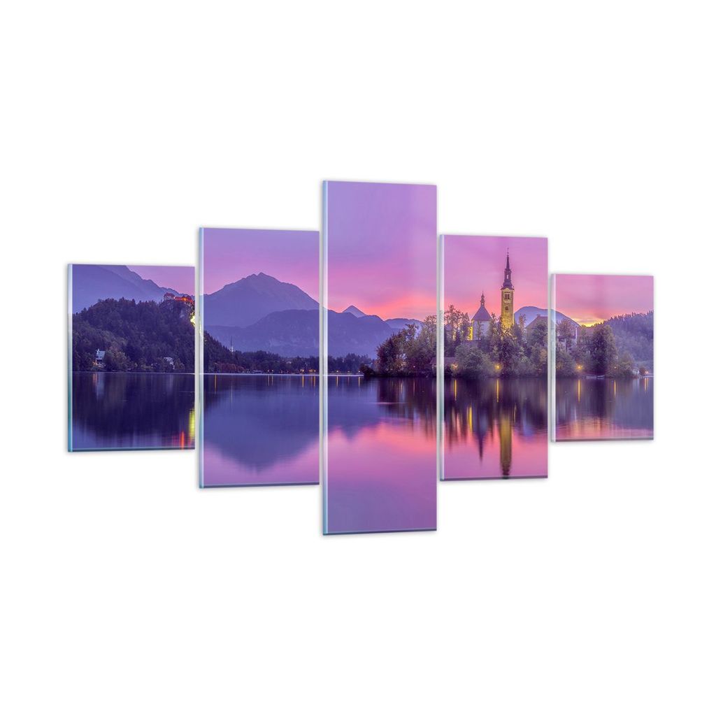 Bilder auf glas - Landschaft Berg See Kirche - 125x70cm - Glasbilder - Wandbilder - Kunstdruck - zum Aufhängen bereit - Wanddekoration aus Glas - ...