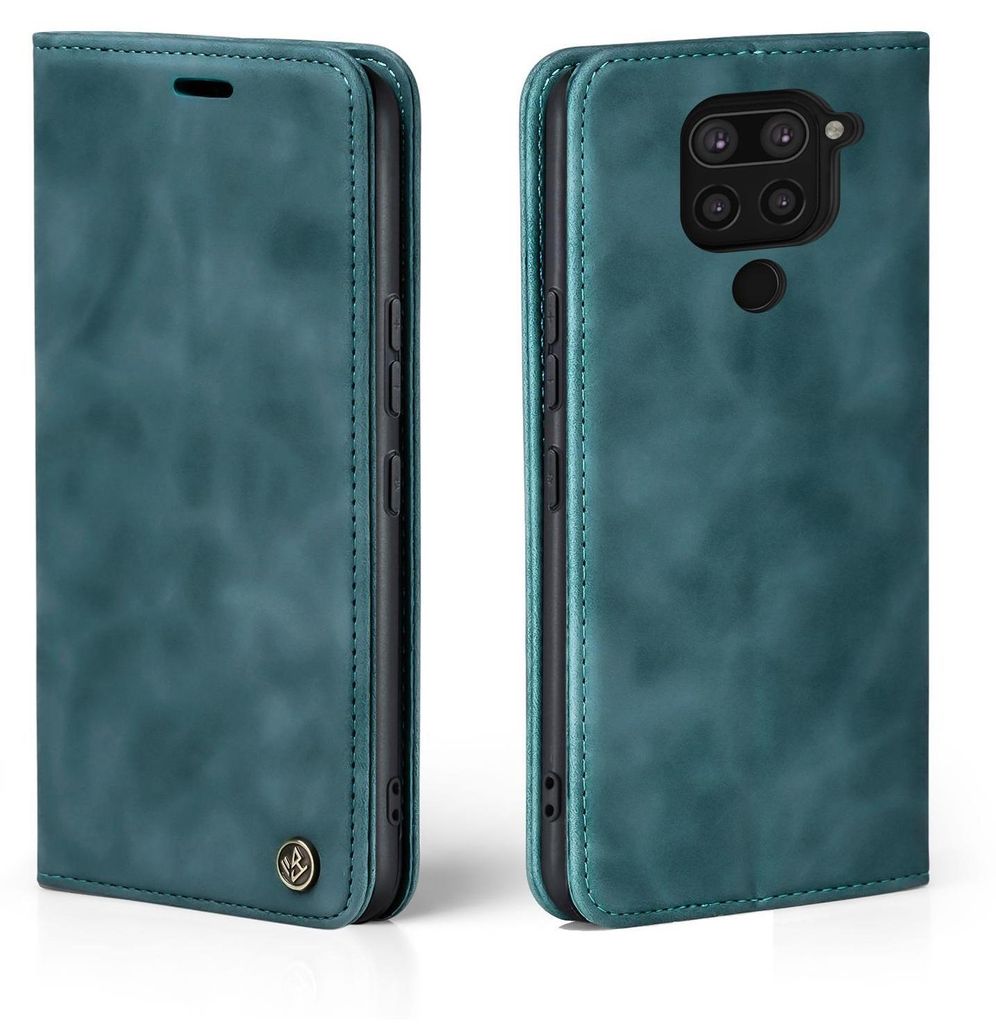 A teal flip case for a Xiaomi Redmi Note 9 phone, shown from the front and back.