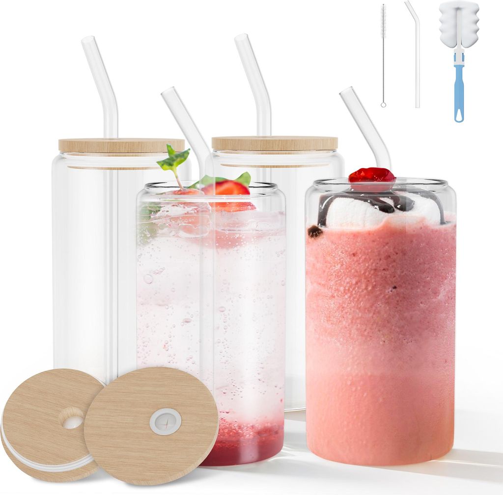 UISEBRT 4er Set 550ml Trinkgläser mit Deckel und Strohhalm Produktbild 