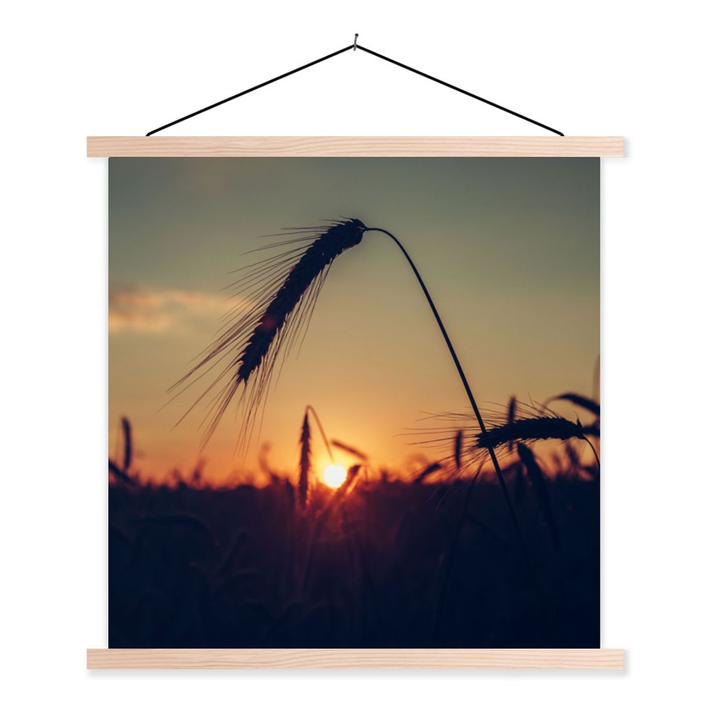 MuchoWow Textilposter Gras - Herbst - Sonnenuntergang - Jahreszeiten - Landschaft 120x120 cm mit holzfarbenen Rahmen - Textil-Poster