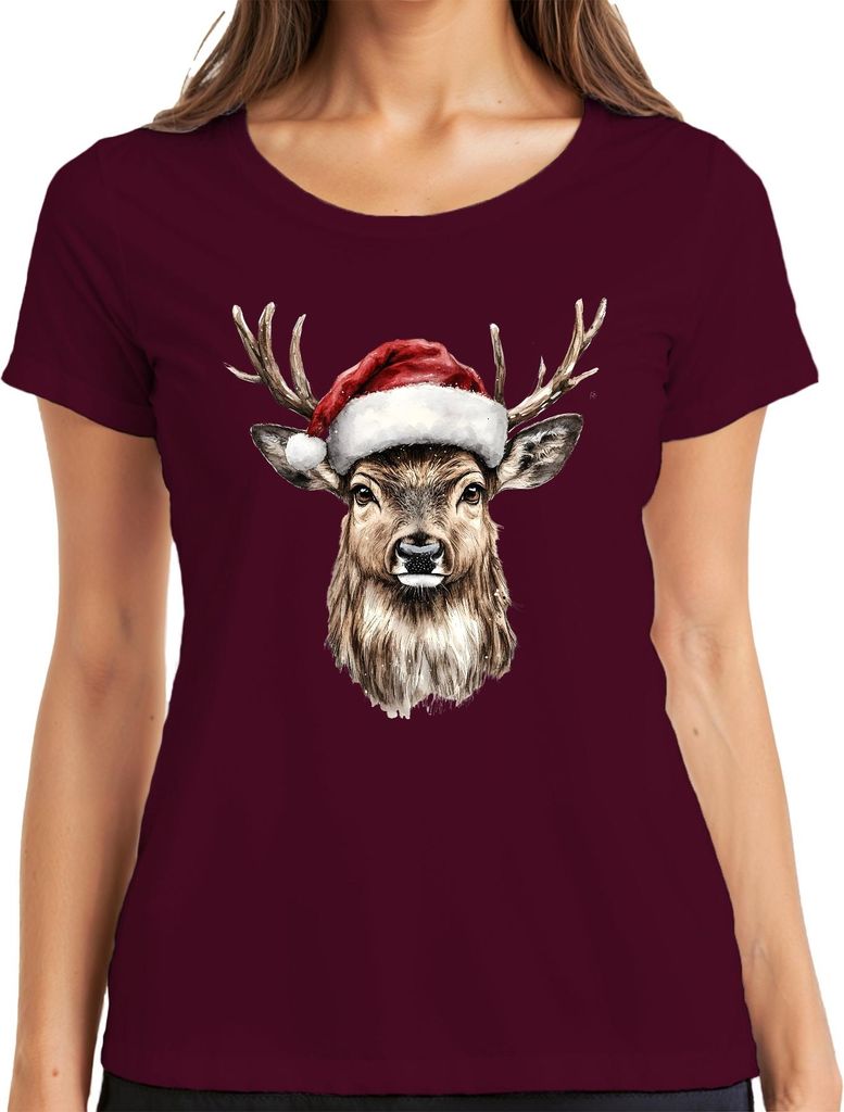 Weihnachten Rentier Santa Hut Geschenk Aquarell Vintage Damen T-Shirt, Burgundy, XXL