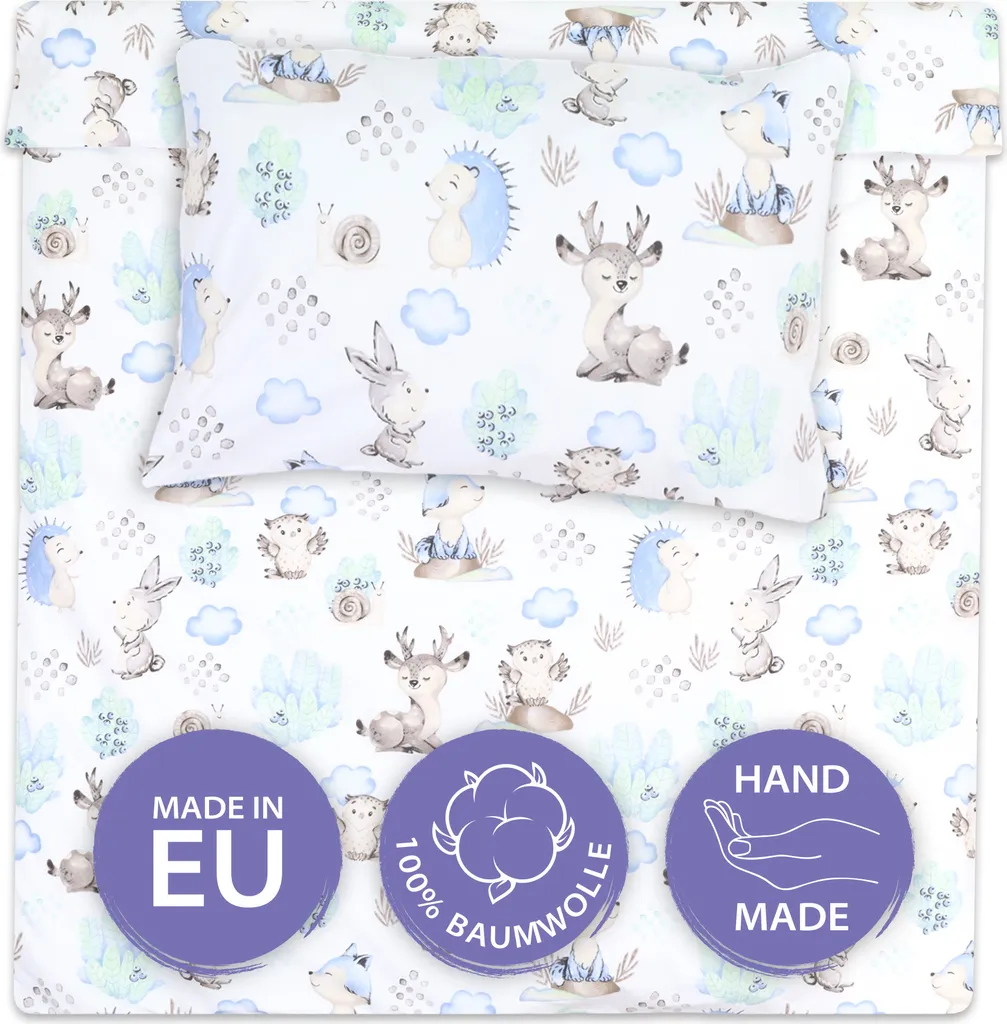 Parure de lit bébé 90x120 cm avec taie d'oreiller 60x40 en coton hérisson