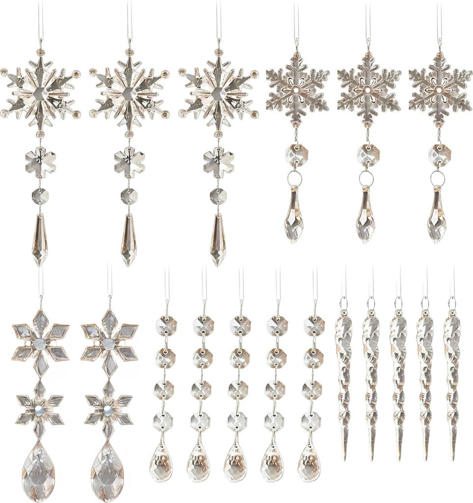 18-teiliges Set Kristall-Weihnachtsbaumschmuck: Transparente Acryl-Schneeflocken und Eiszapfen mit Tropfenanhängern für winterliche Kronleuchterd...