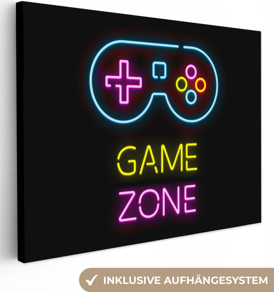 MuchoWow - Leinwandbilder - Controller - Spiel - Neon - Schwarz - Zitate - Spielzone, Wandbild, Wanddeko Bilder Wohnzimmer, 80x60 cm