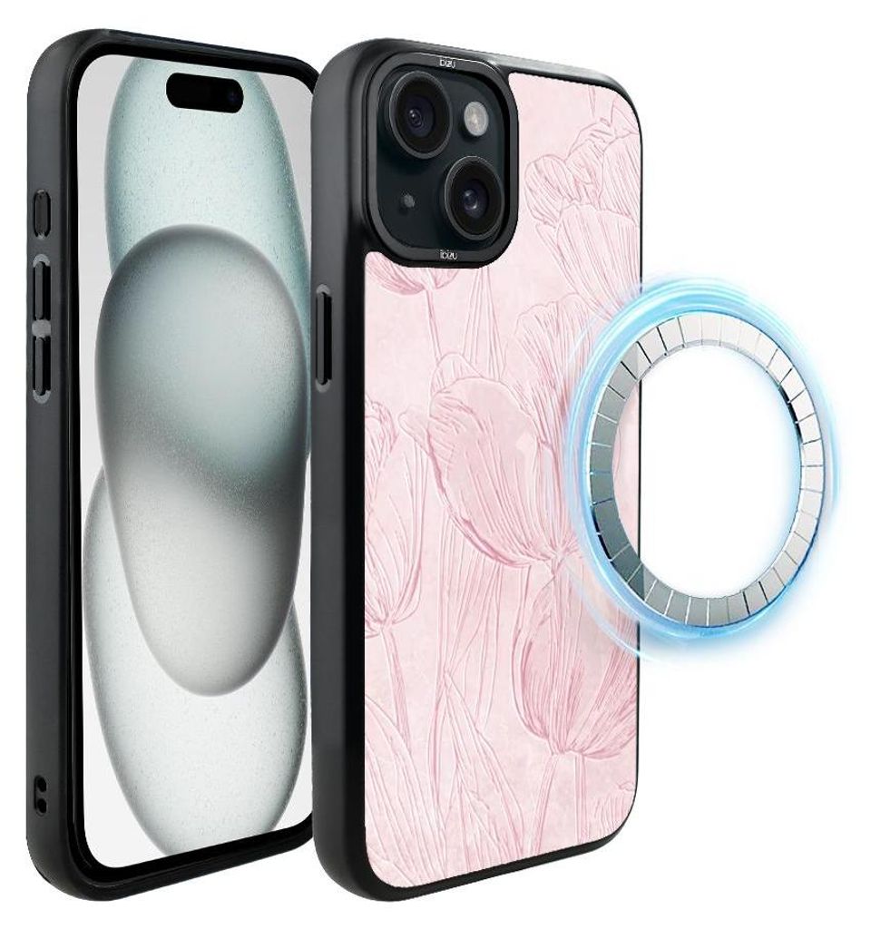 Schutzhülle für das iPhone 15, MagSafe-kompatibel, mattschwarze Seiten, rosa Tulpen