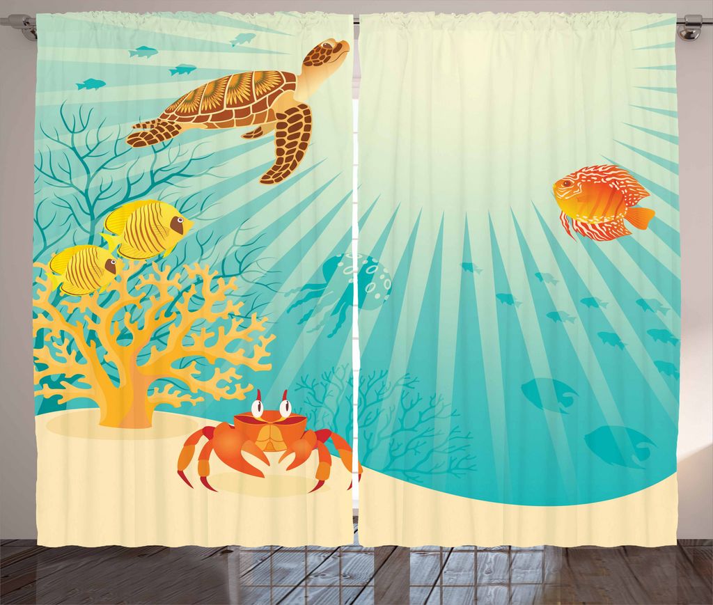 ABAKUHAUS Fisch Rustikaler Vorhang, Tropisch Tiere Cartoon, Wohnzimmer Universalband Gardinen mit Schlaufen und Haken, 280 x 175 cm, Mehrfarbig