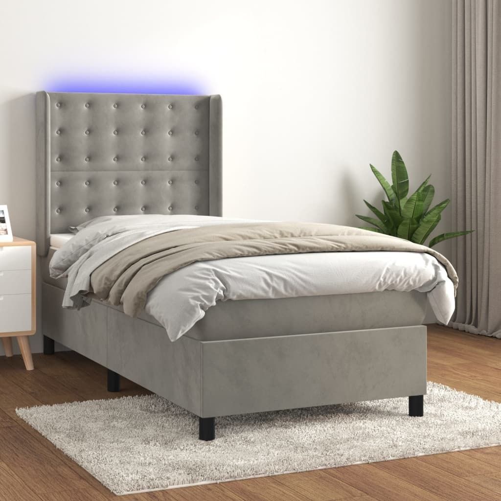 The Living Store Boxspringbett mit Matratze & LED Hellgrau 90x190 cm Samt