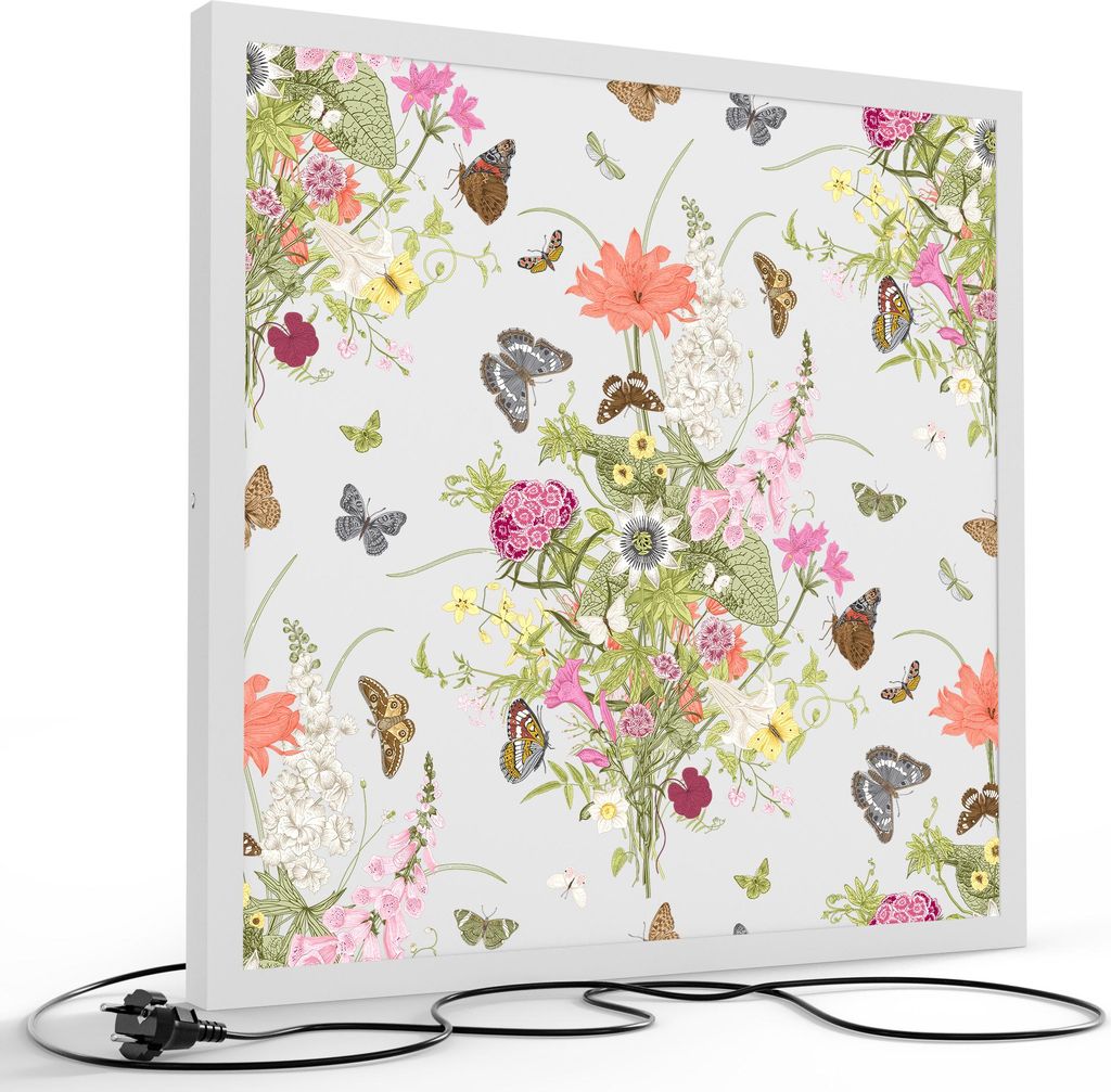 DEQORI LED-Bild & Lampe 60x60 cm Weiß 'Blütentanz mit Faltern' Leuchtbild LED Leuchte