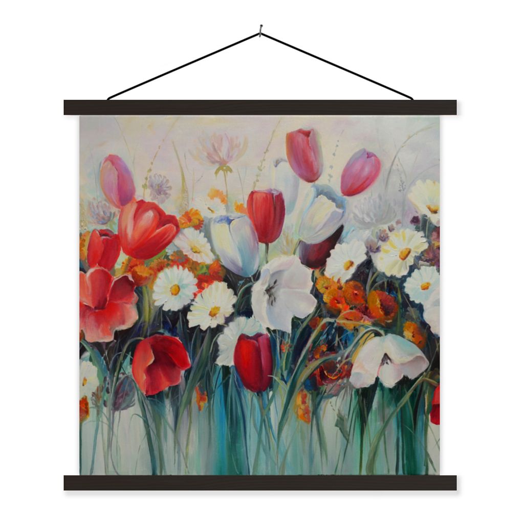 MuchoWow Textilposter Malerei - Ölgemälde - Blumen 90x90 cm mit schwarzem Rahmen - Magnetisches