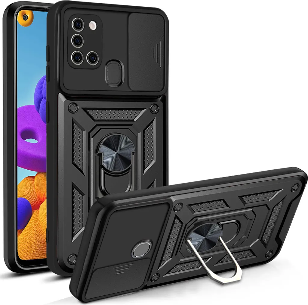 Cover Galaxy A21S Antiurto: Protezione Fotocamera e Kickstand Nero