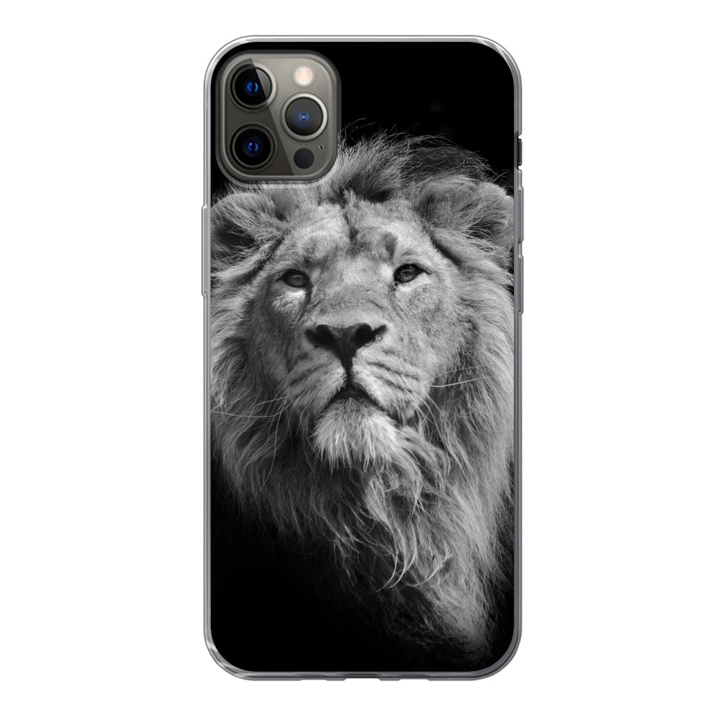 MuchoWow Handyhülle Schutzhülle Hülle für iPhone 12 Pro Max Löwe - Porträt - Schwarz - Weiß Silikon Softcase Handy Hülle - Hartschale