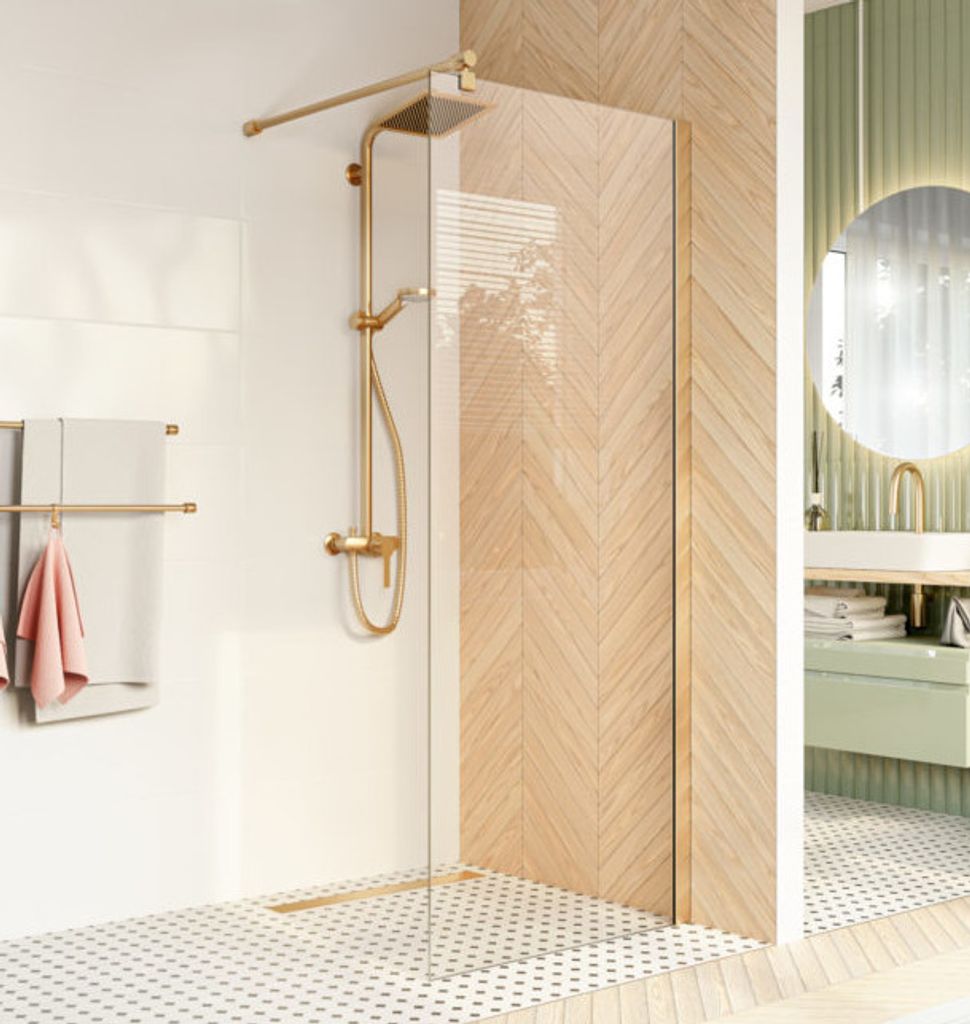 ECOLAM WALK IN glamour Dusche transparent Duschwand Trennwand Duschabtrennung Duschkabine 90x200 Gold golden Sicherheitsglas