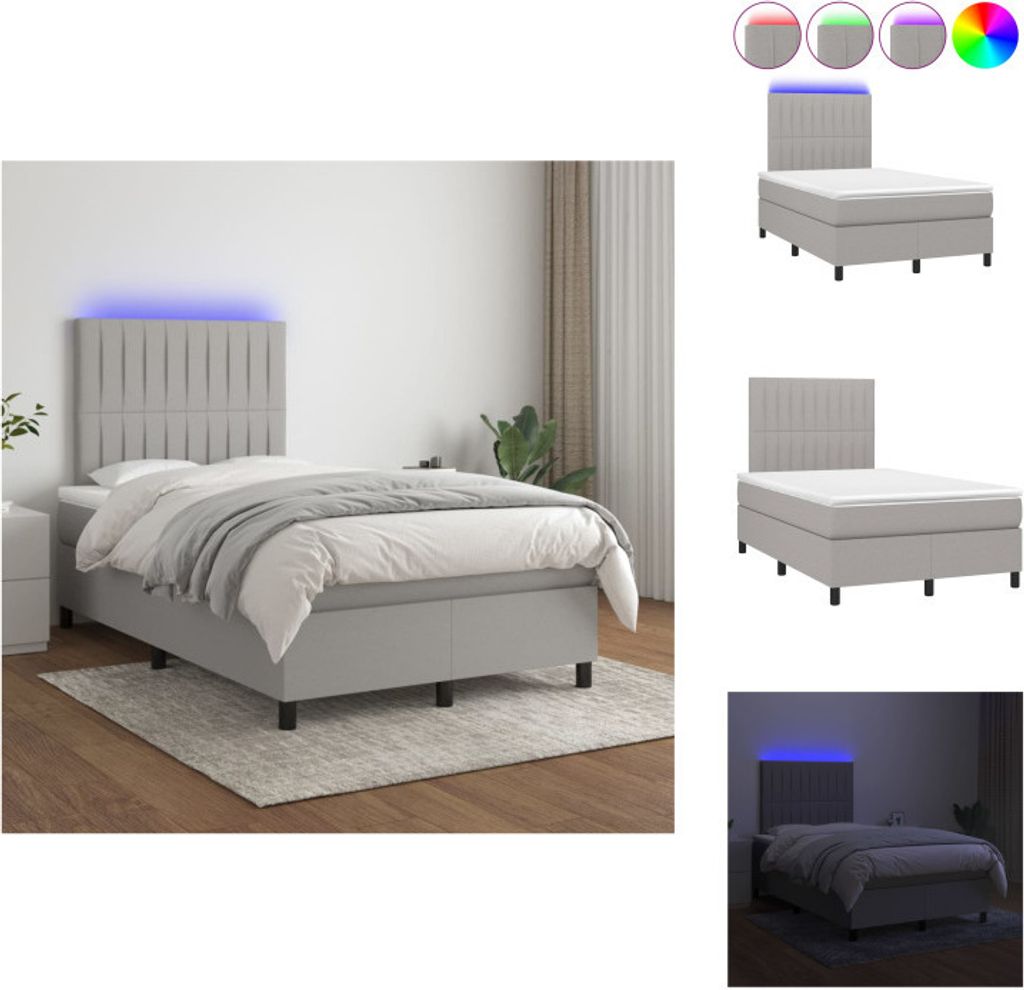 vidaXL Boxspringbett mit Matratze & LED Hellgrau 120x200 cm Stoff - Betten & Bettgestelle
