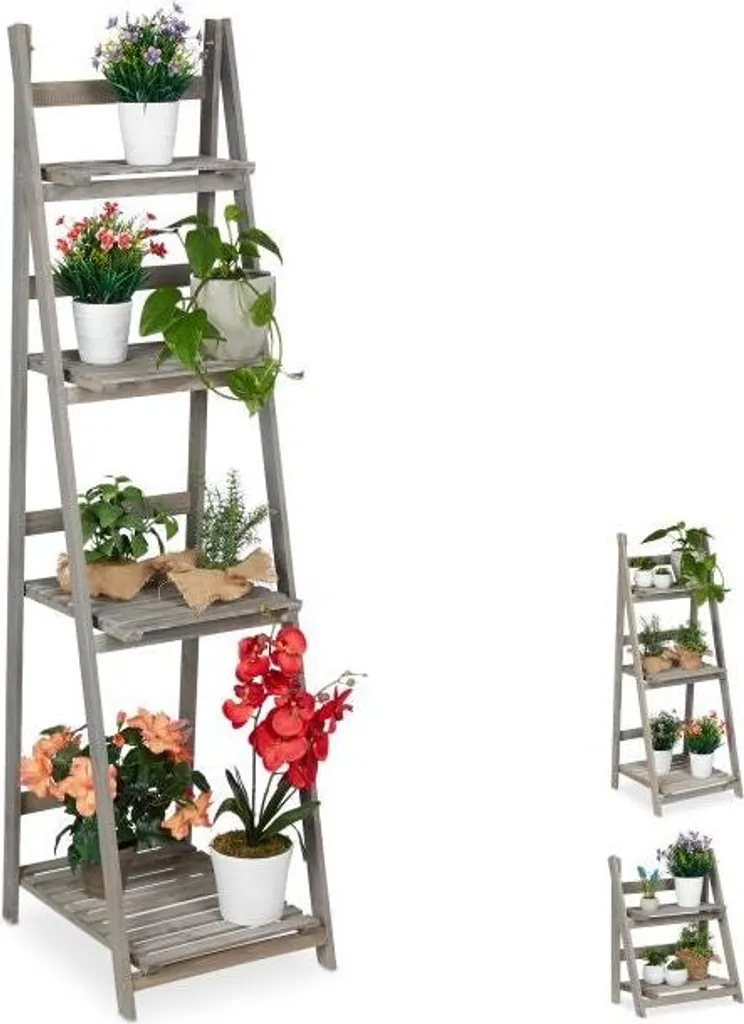 Étagère porte-plante escalier fleuri en bois gris décoratif jardin